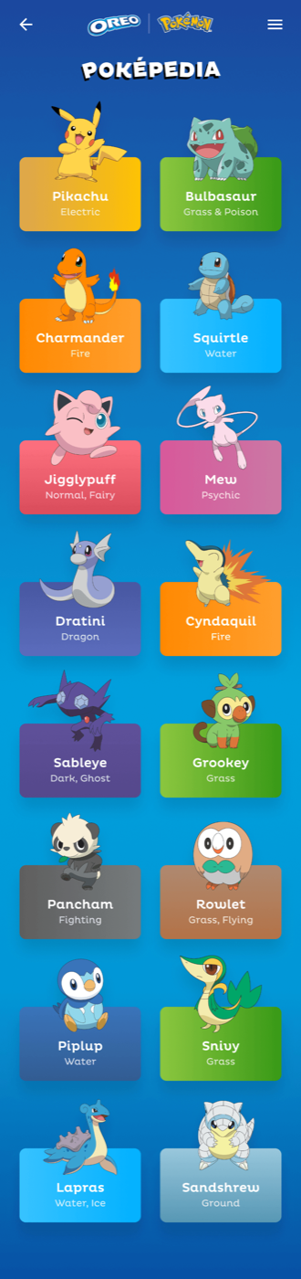 Poképedia scrollable index of all 16 Pokémon